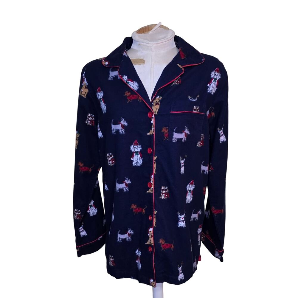 Pajamagram Women's Med Pajama Top Flannel‎ Navy Blue Dogs Button Up Long Sleeve